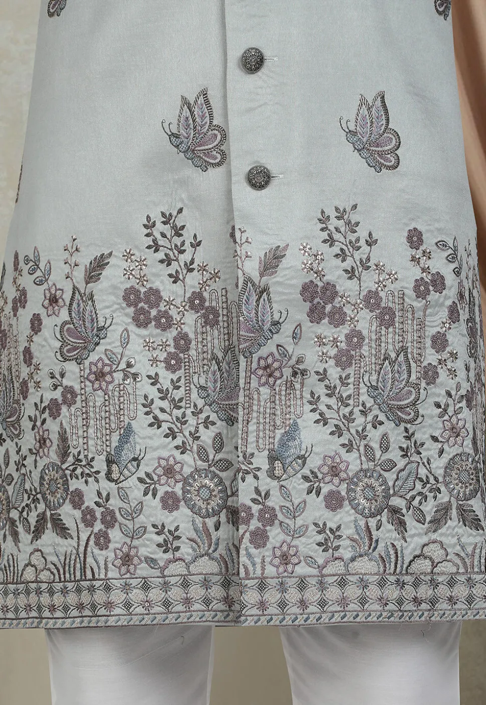 Embroidered Art Silk Sherwani in Grey