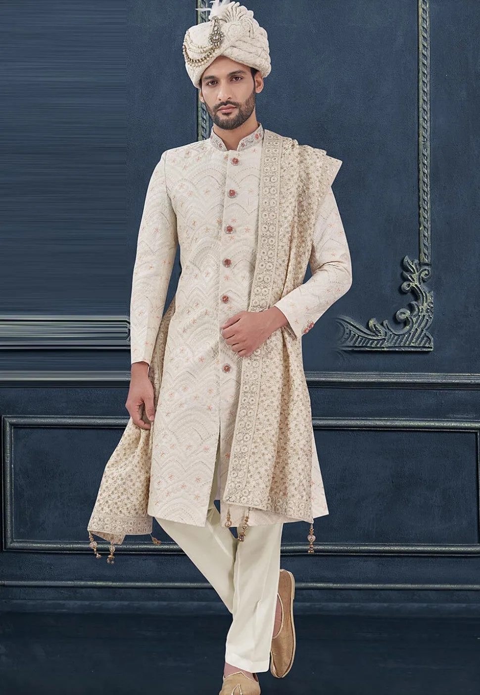 Embroidered Art Silk Sherwani in Off White