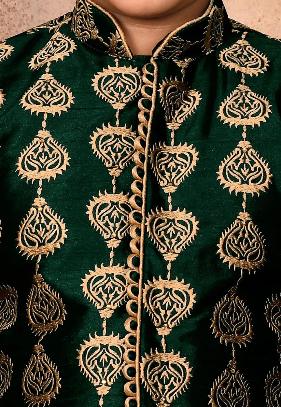 Embroidered Art Silk Sherwani Set in Dark Green