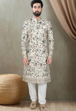 Embroidered Art Silk Sherwani in Cream
