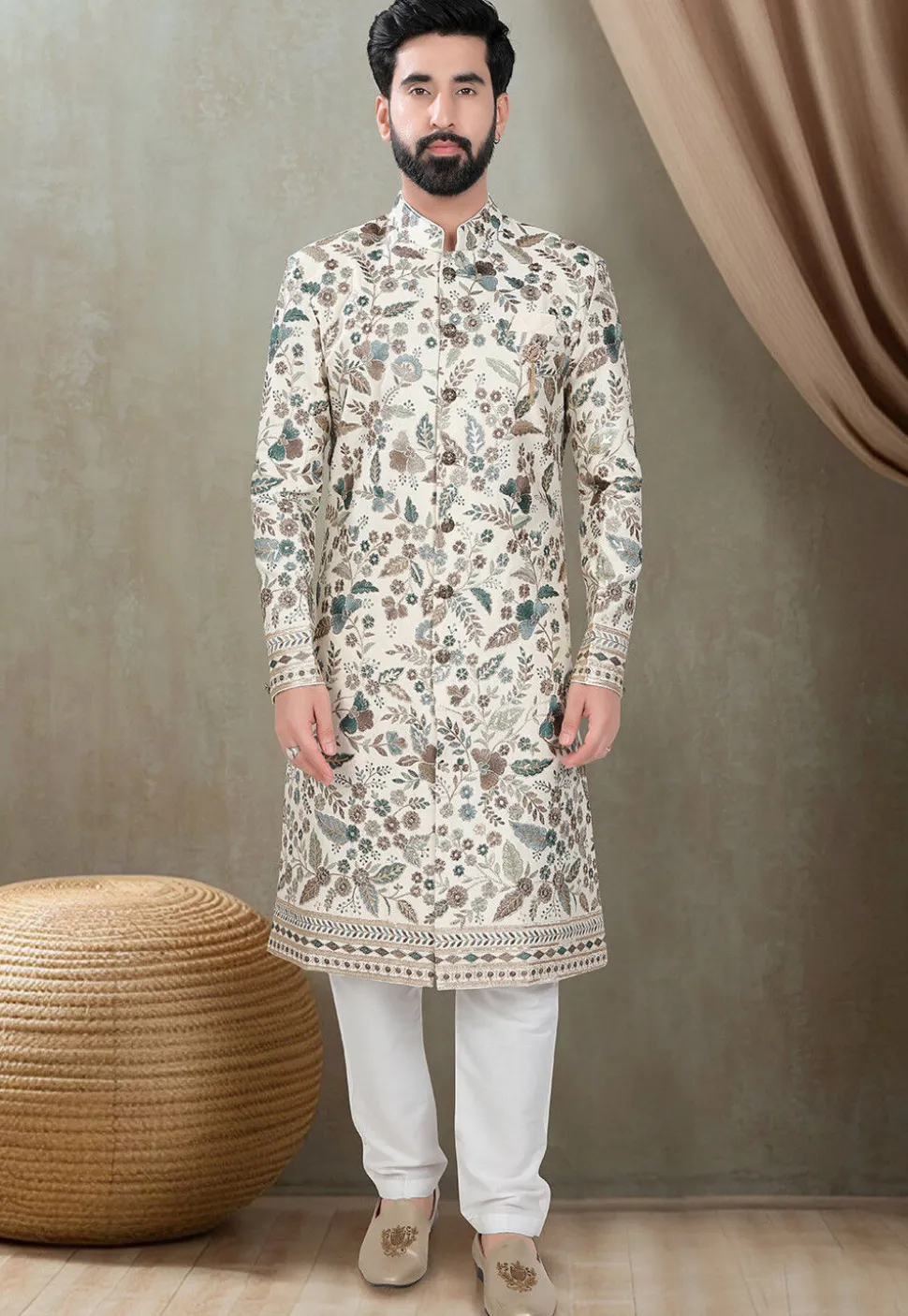 Embroidered Art Silk Sherwani in Cream