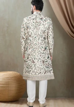 Embroidered Art Silk Sherwani in Cream