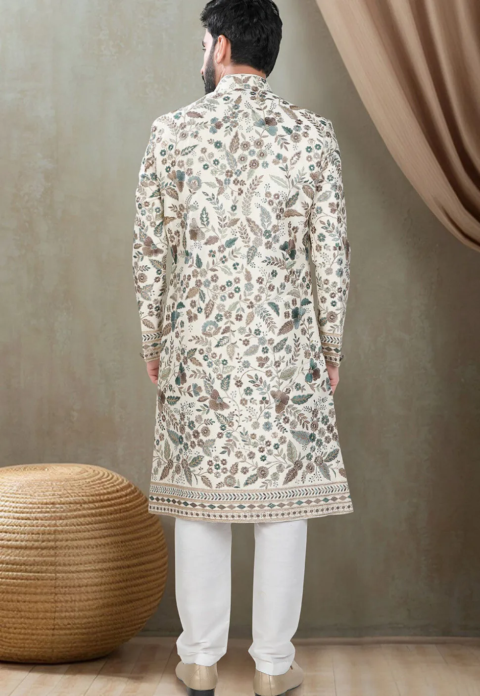 Embroidered Art Silk Sherwani in Cream