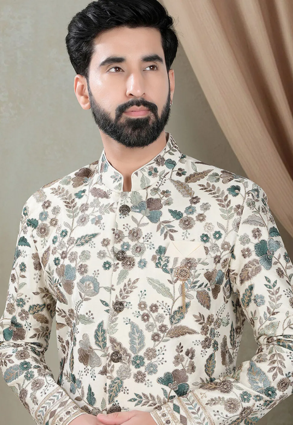 Embroidered Art Silk Sherwani in Cream