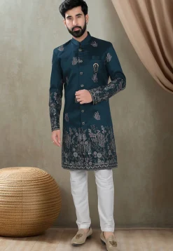 Embroidered Art Silk Sherwani in Teal Blue
