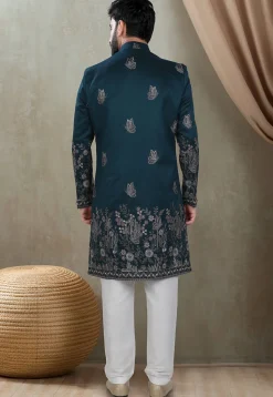 Embroidered Art Silk Sherwani in Teal Blue