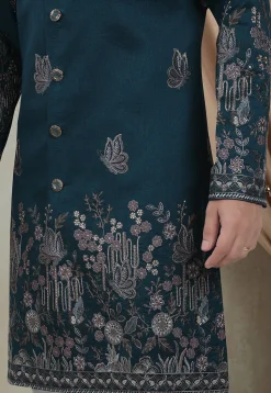 Embroidered Art Silk Sherwani in Teal Blue