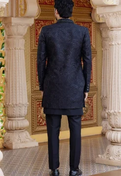 Embroidered Art Silk Sherwani in Black