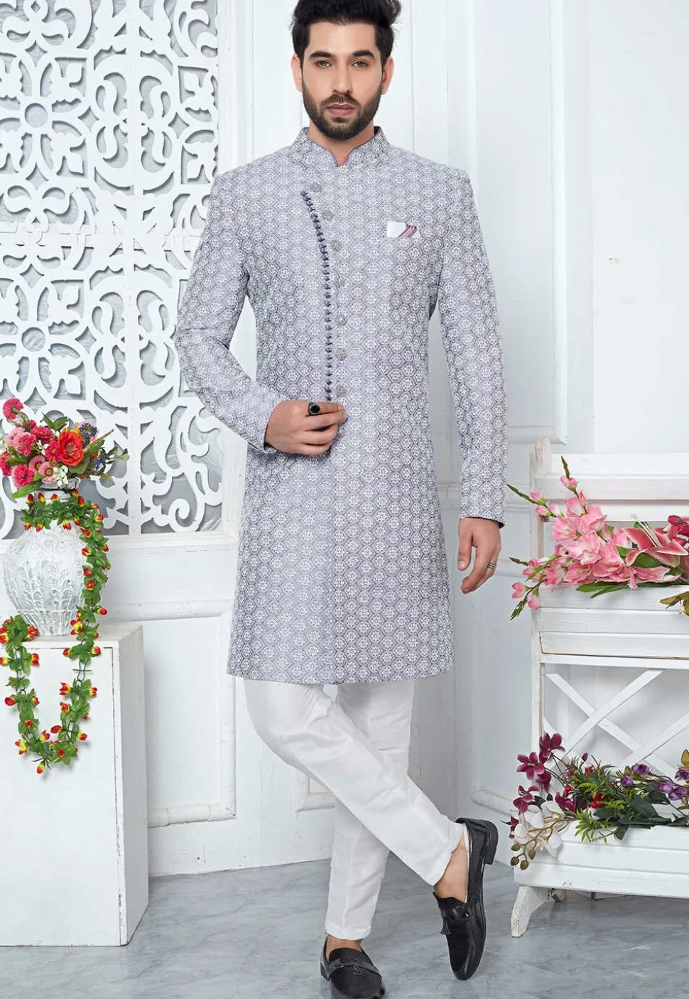 Embroidered Art Silk Sherwani in Purple