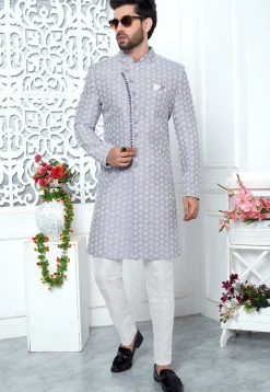 Embroidered Art Silk Sherwani in Purple