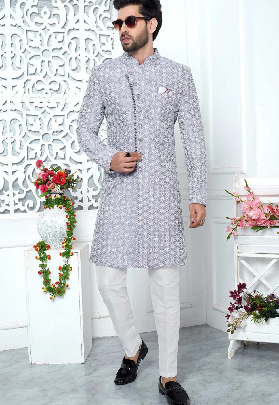 Embroidered Art Silk Sherwani in Purple