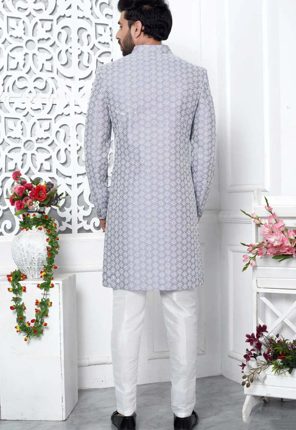 Embroidered Art Silk Sherwani in Purple
