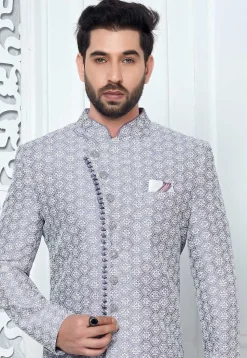 Embroidered Art Silk Sherwani in Purple