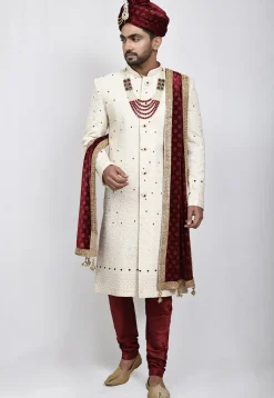 Embroidered Art Silk Sherwani in Cream
