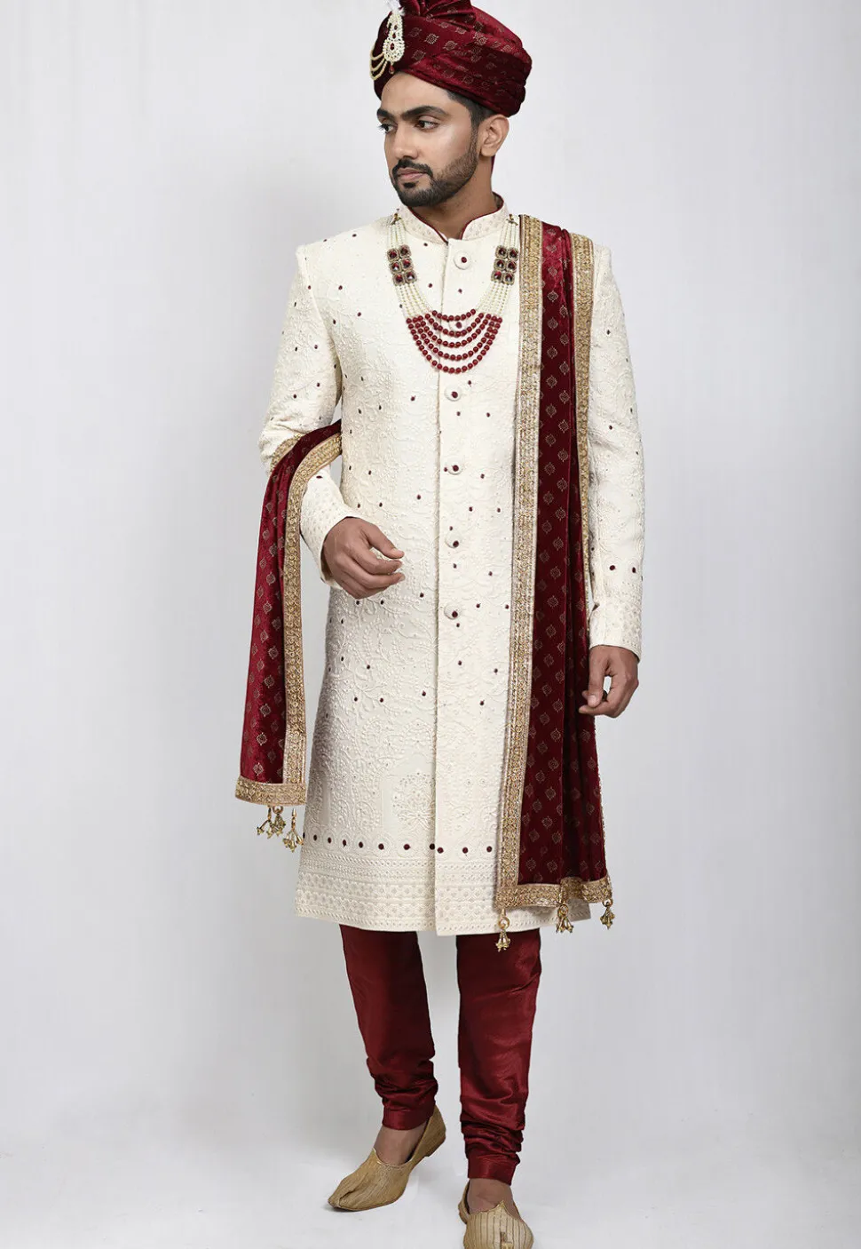 Embroidered Art Silk Sherwani in Cream