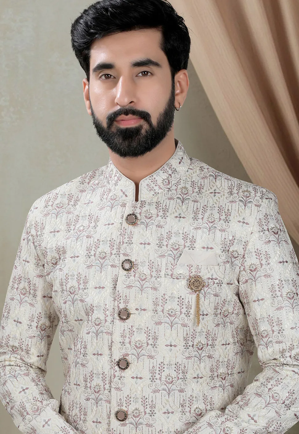 Embroidered Art Silk Sherwani in Cream