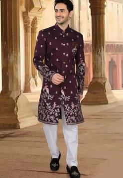 Embroidered Art Silk Sherwani in Purple