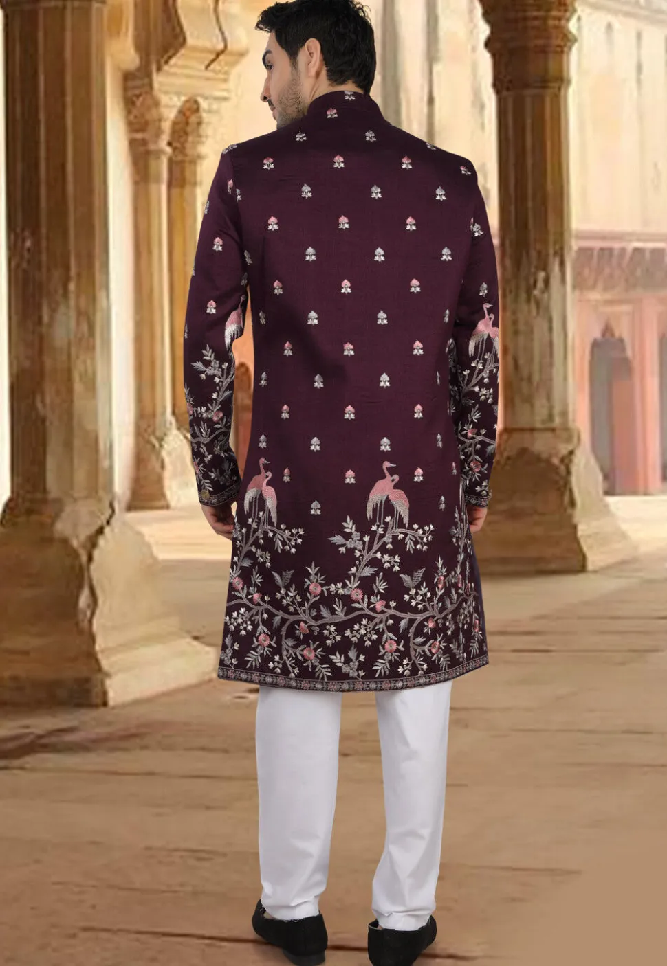 Embroidered Art Silk Sherwani in Purple