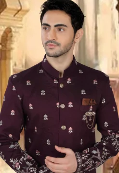 Embroidered Art Silk Sherwani in Purple