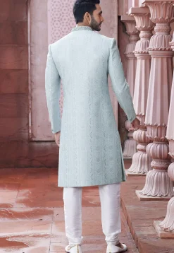 Embroidered Art Silk Sherwani in Light Sky Blue