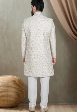 Embroidered Art Silk Sherwani in Cream