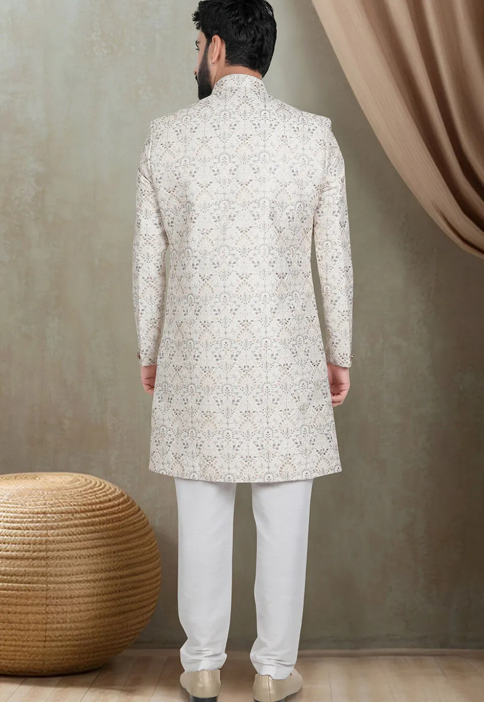 Embroidered Art Silk Sherwani in Cream