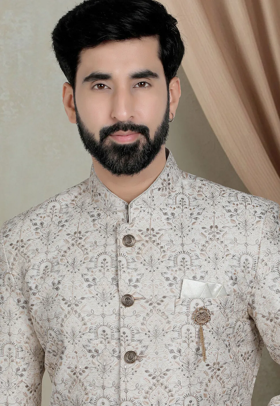 Embroidered Art Silk Sherwani in Cream