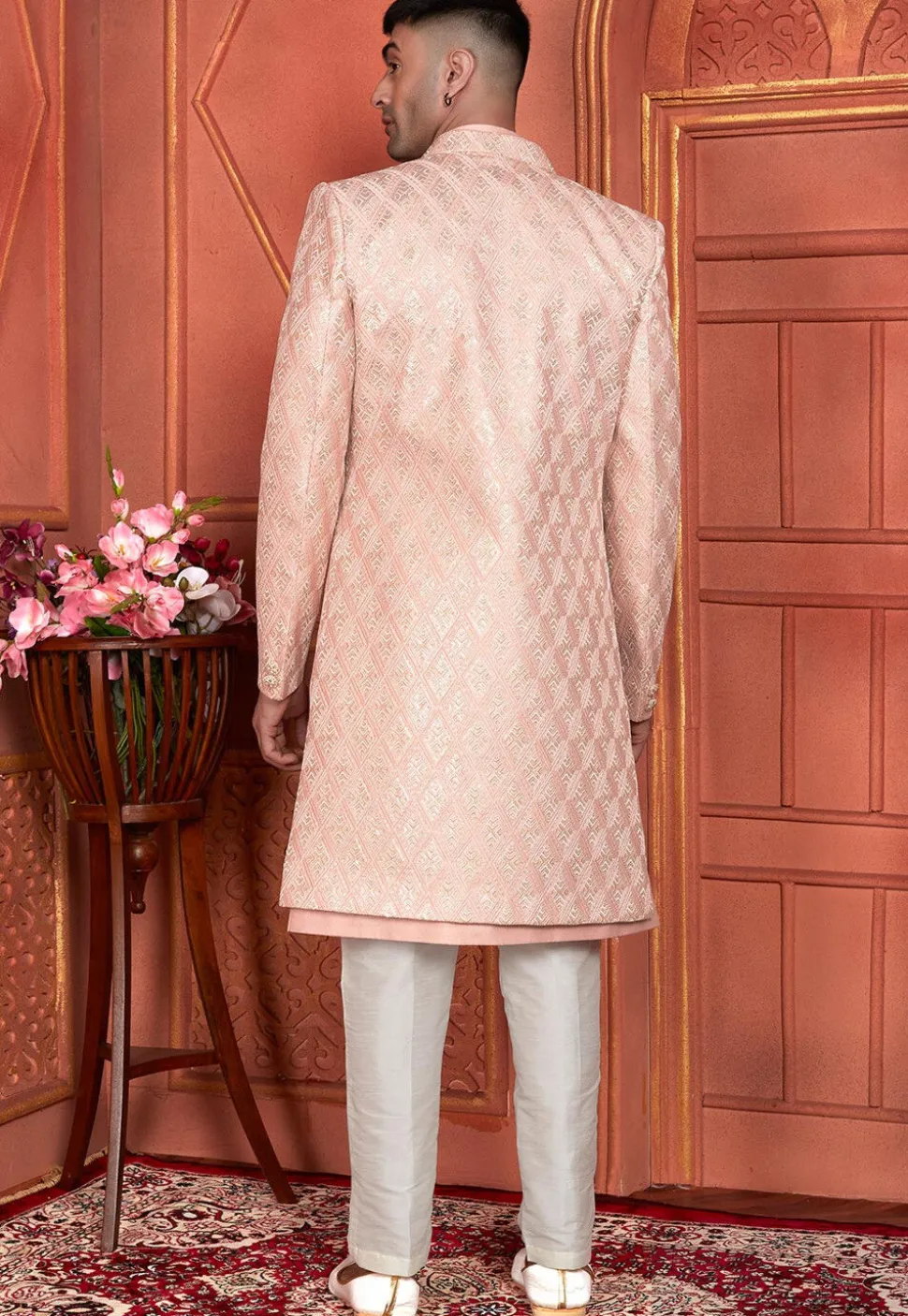 Embroidered Art Silk Sherwani in Peach