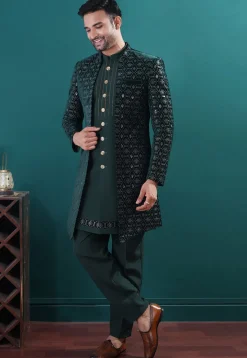 Embroidered Art Silk Sherwani in Dark Green