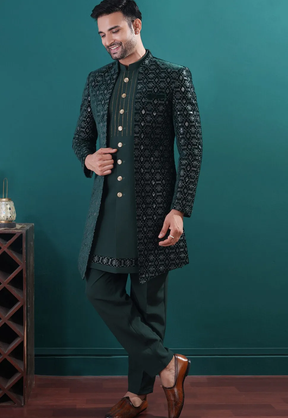 Embroidered Art Silk Sherwani in Dark Green