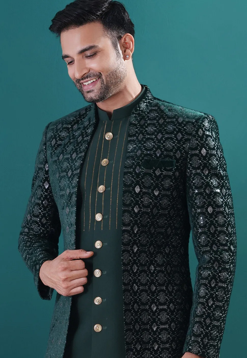 Embroidered Art Silk Sherwani in Dark Green