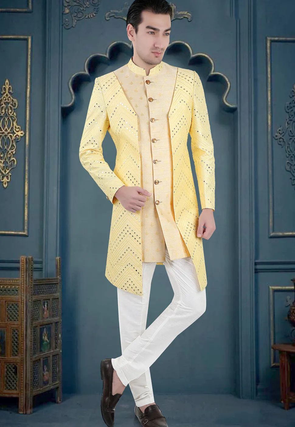 Embroidered Art Silk Sherwani in Yellow and Beige