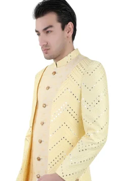 Embroidered Art Silk Sherwani in Yellow and Beige