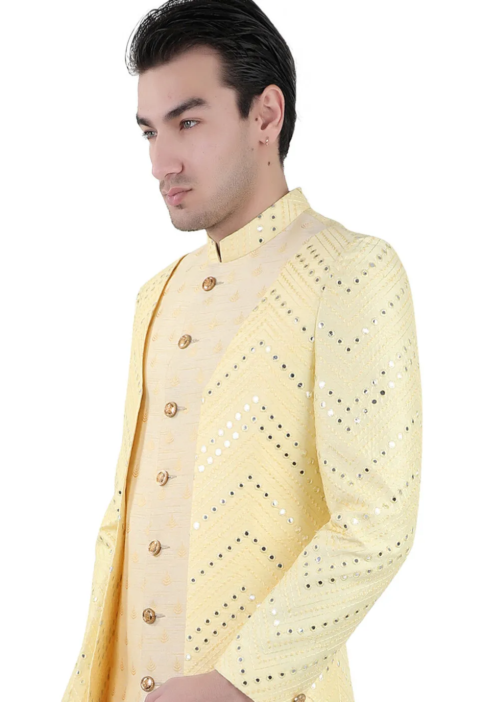 Embroidered Art Silk Sherwani in Yellow and Beige