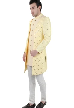 Embroidered Art Silk Sherwani in Yellow and Beige