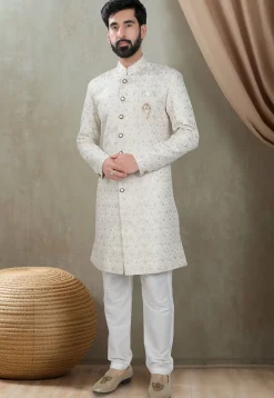 Embroidered Art Silk Sherwani in Cream