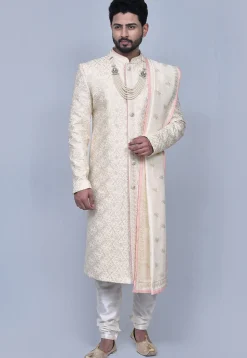 Embroidered Art Silk Sherwani in Cream