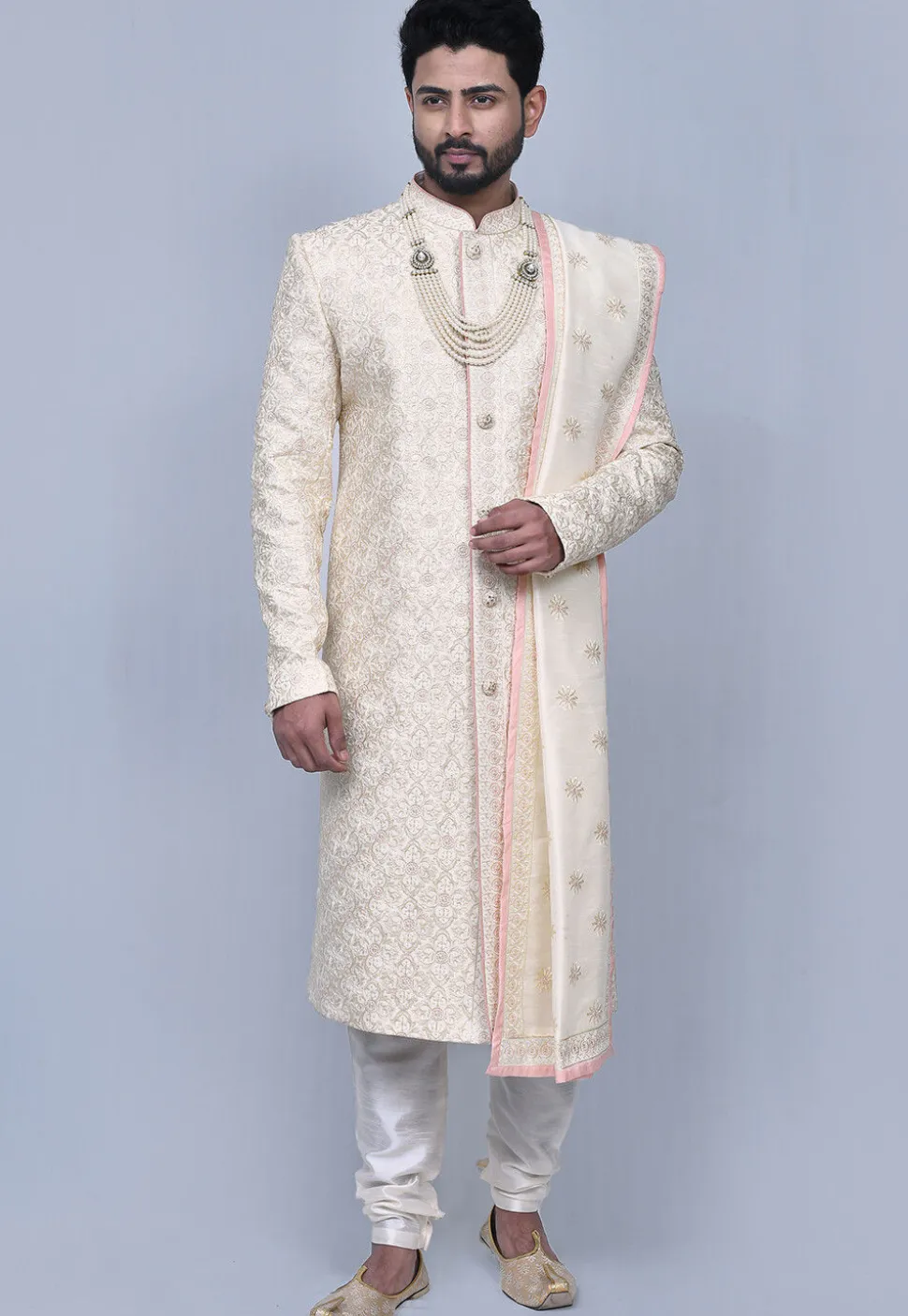 Embroidered Art Silk Sherwani in Cream
