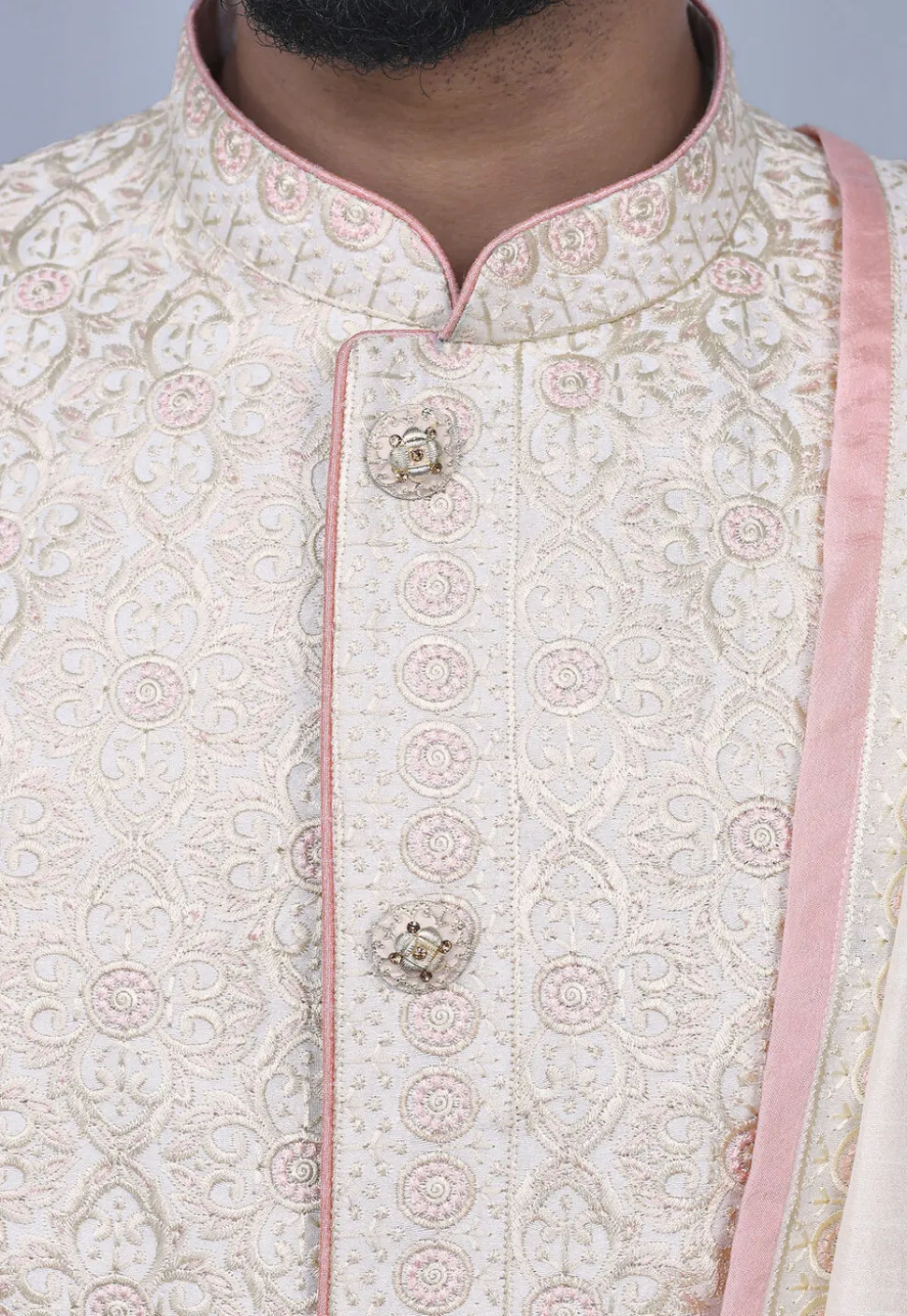 Embroidered Art Silk Sherwani in Cream