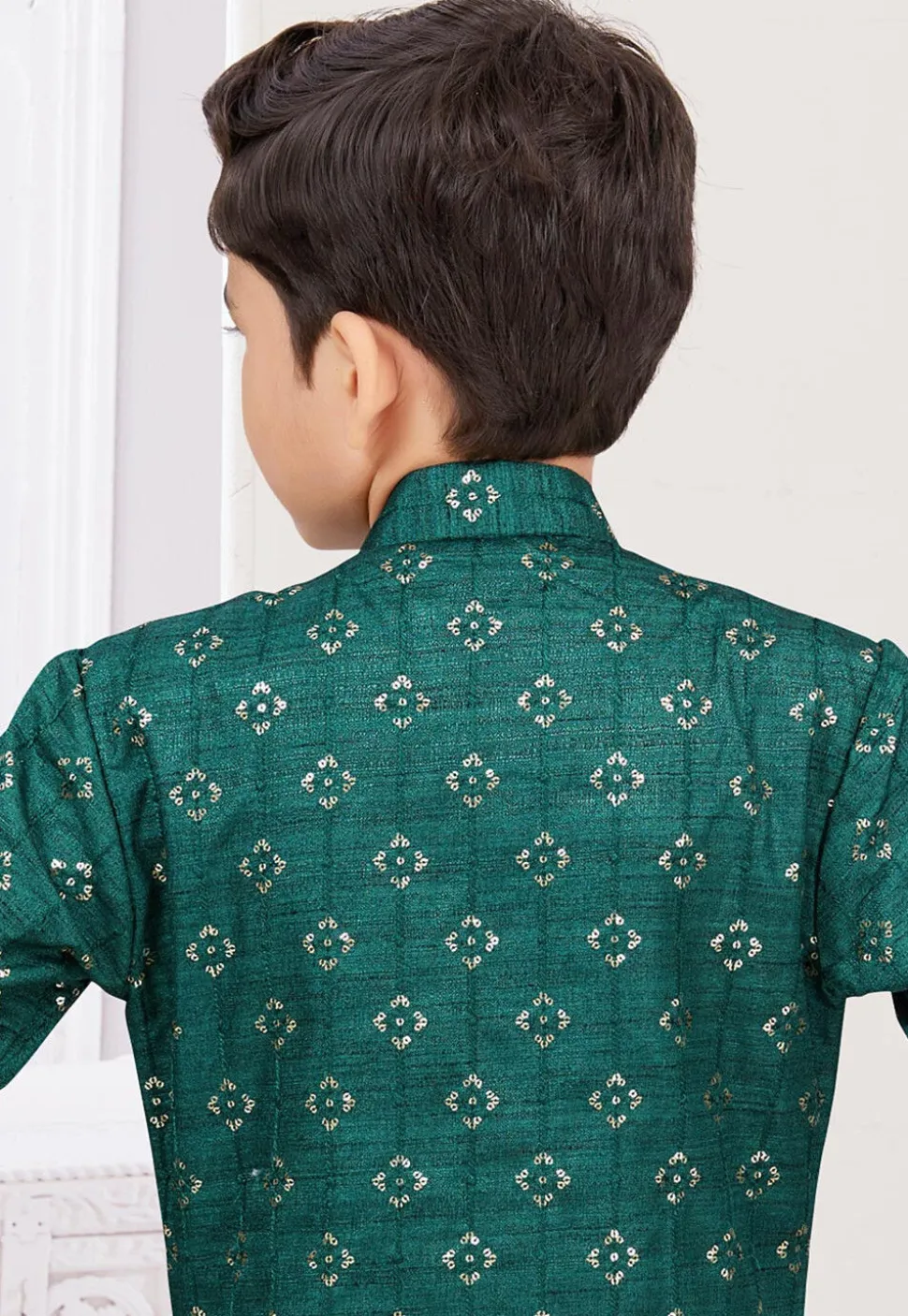 Embroidered Art Silk Sherwani in Teal Green