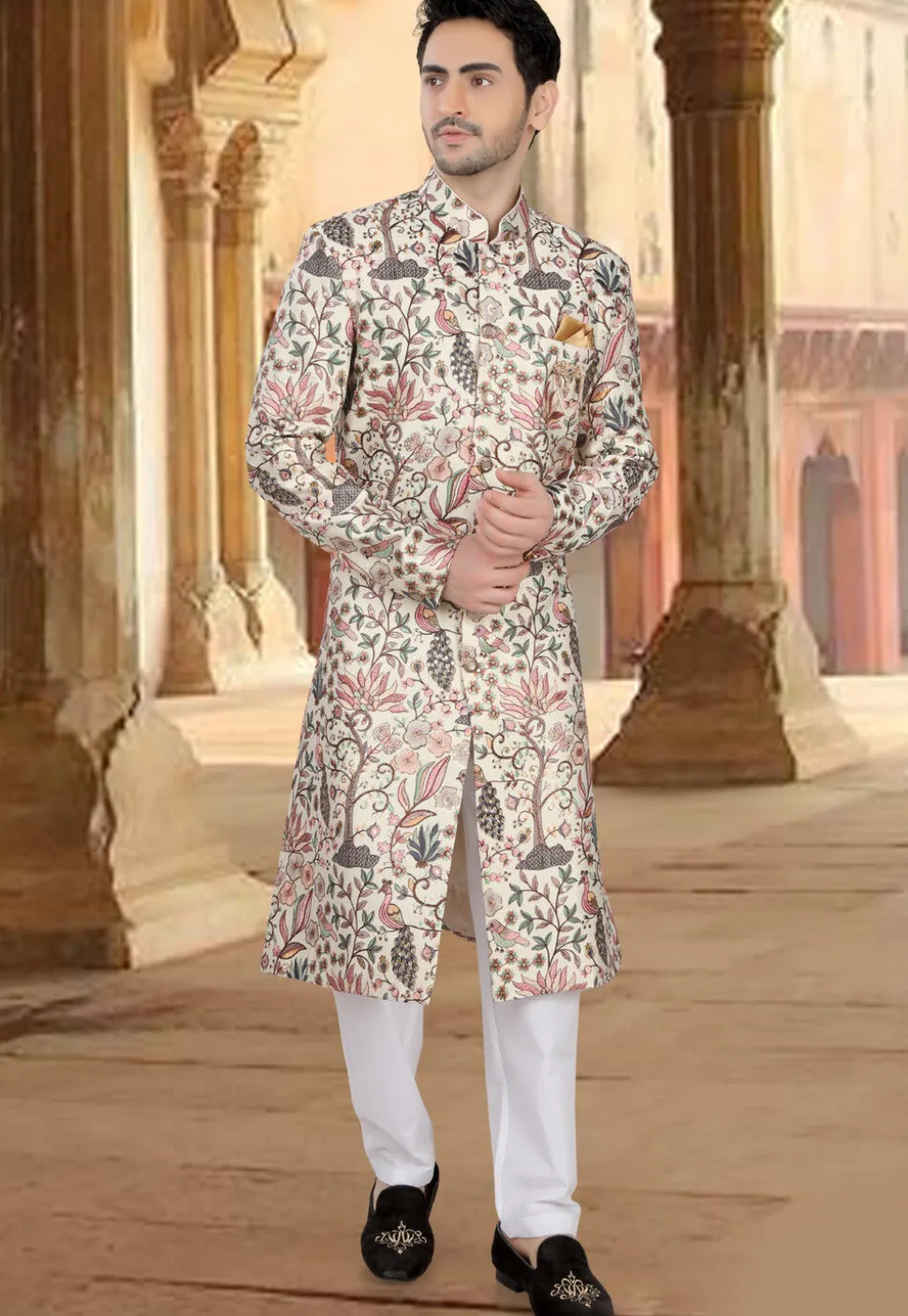 Embroidered Art Silk Sherwani in Off White