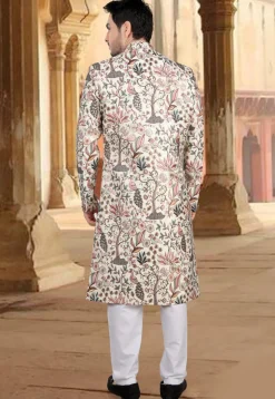 Embroidered Art Silk Sherwani in Off White