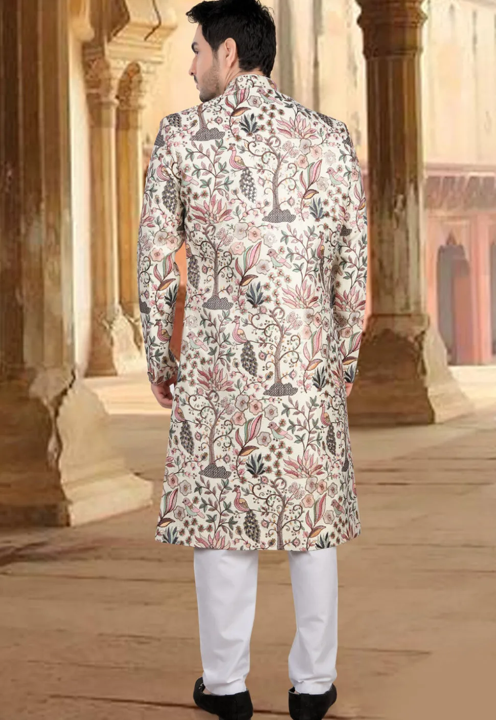 Embroidered Art Silk Sherwani in Off White