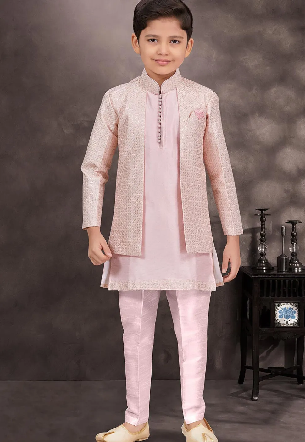 Embroidered Art Silk Sherwani in Pink