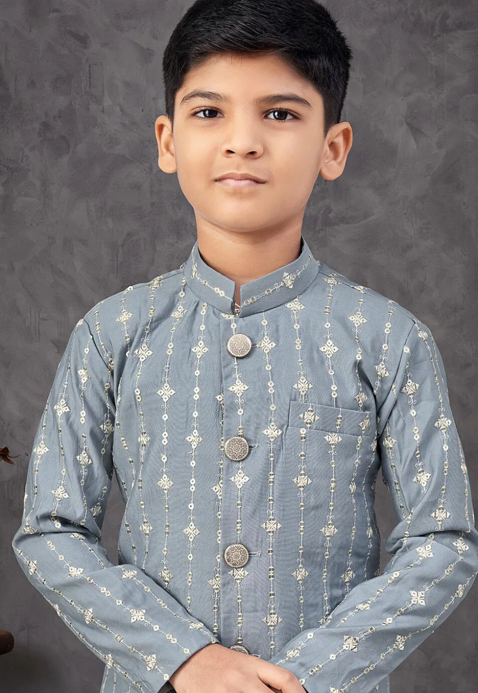 Embroidered Art Silk Sherwani in Grey