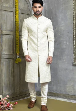 Embroidered Art Silk Sherwani in Off White