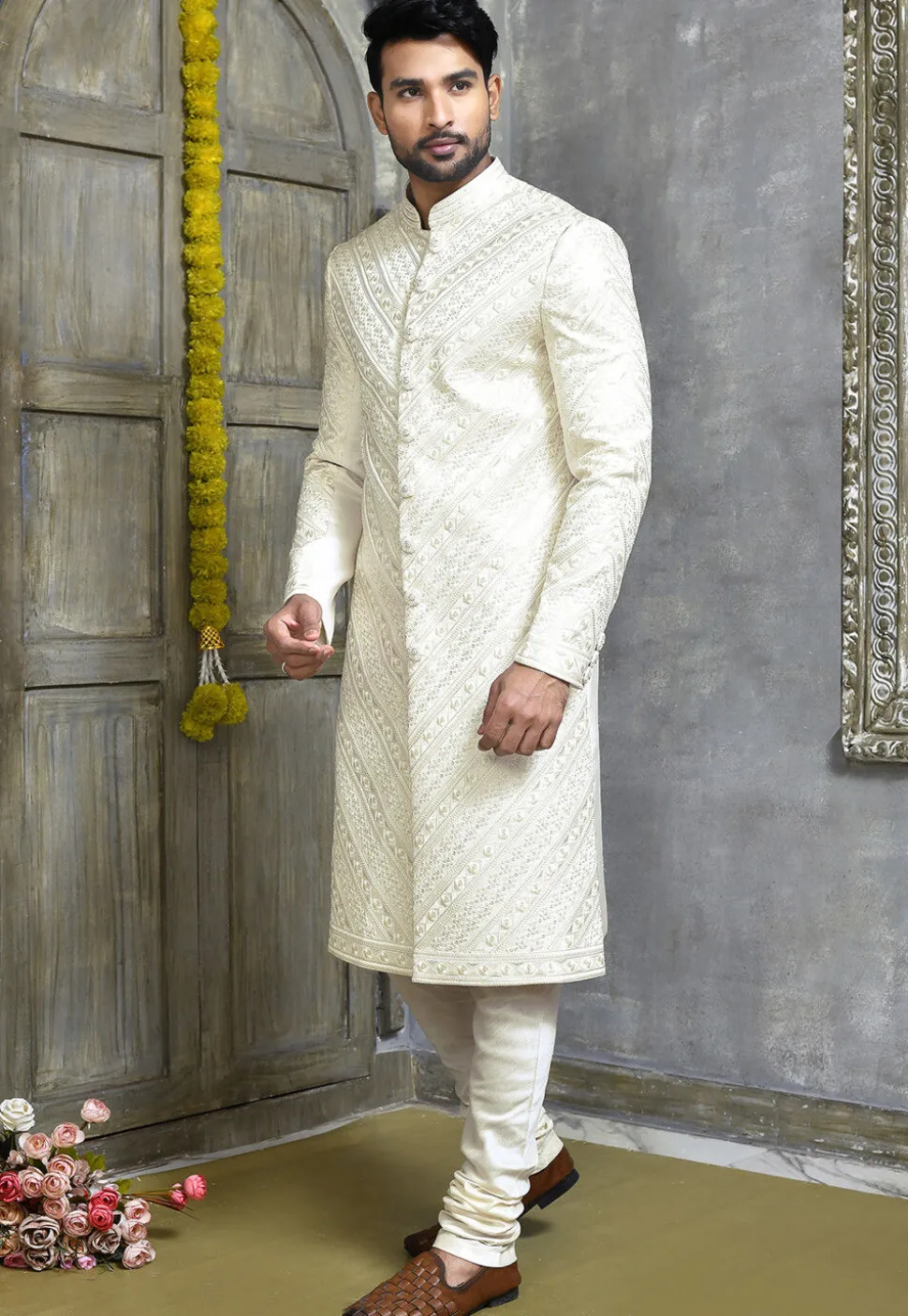 Embroidered Art Silk Sherwani in Off White