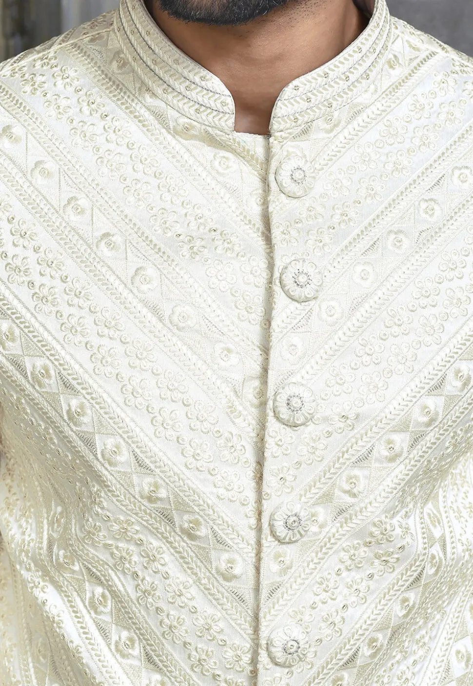 Embroidered Art Silk Sherwani in Off White