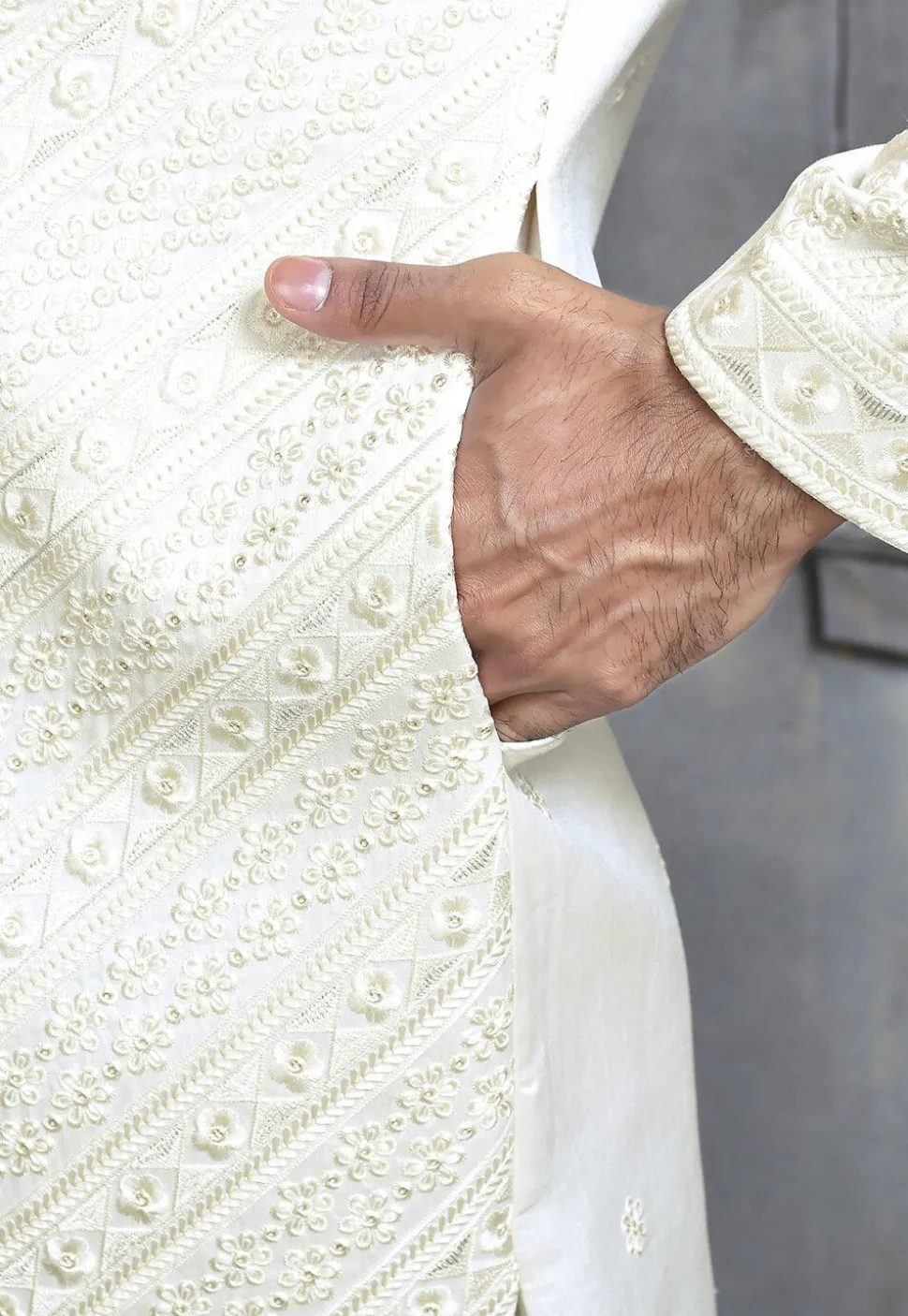 Embroidered Art Silk Sherwani in Off White
