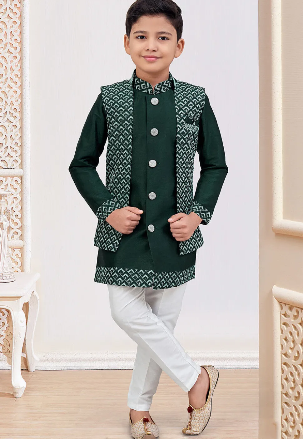 Embroidered Art Silk Sherwani in Dark Green